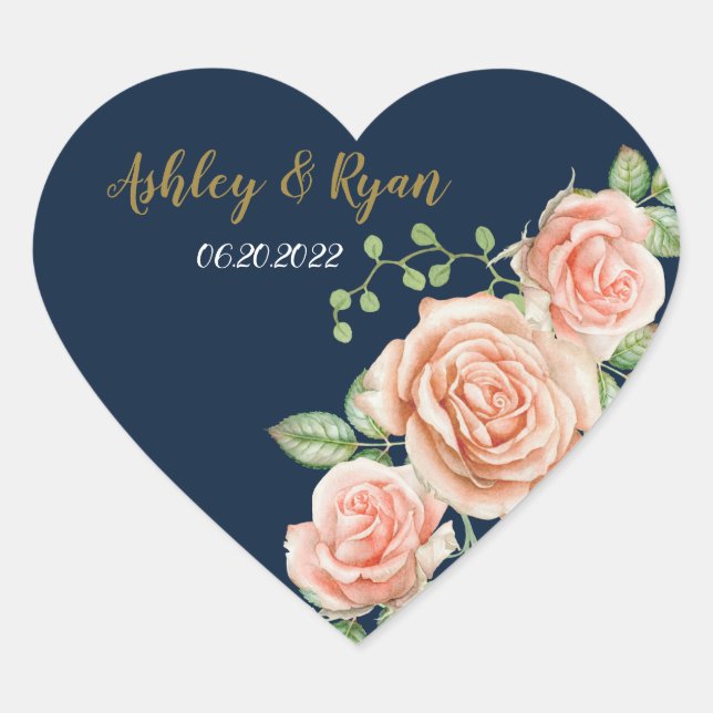Navy Blue Gold Blush Floral Heart Sticker (Front)