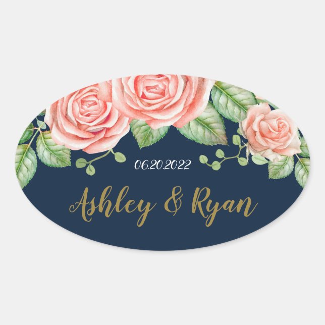 Navy Blue Gold Blush Floral  Oval Sticker (Front)