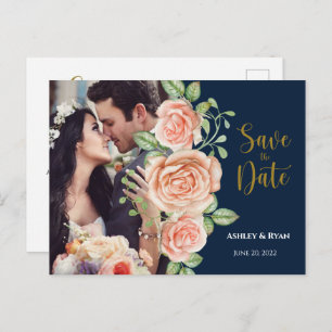 Navy Blue Gold Blush Floral Save the Date Announcement Postcard