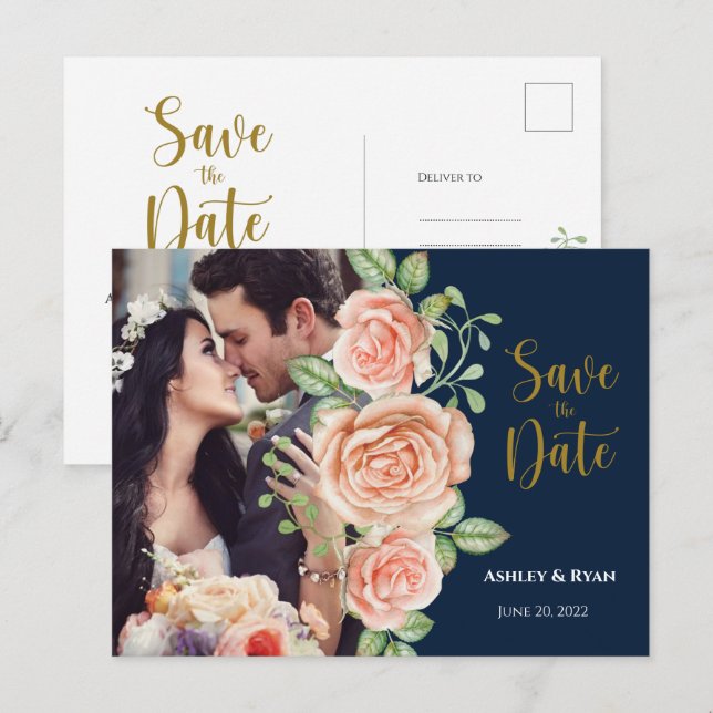 Navy Blue Gold Blush Floral Save the Date Announcement Postcard (Front/Back)