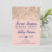 Navy blue gold blush floral typography Sweet 16 Invitation (Standing Front)