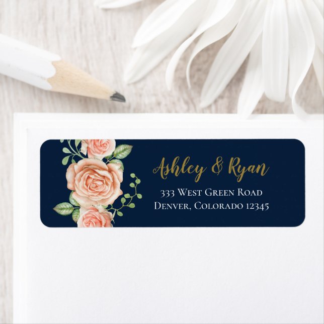 Navy Blue Gold Blush Floral Wedding  Address Label (Insitu)