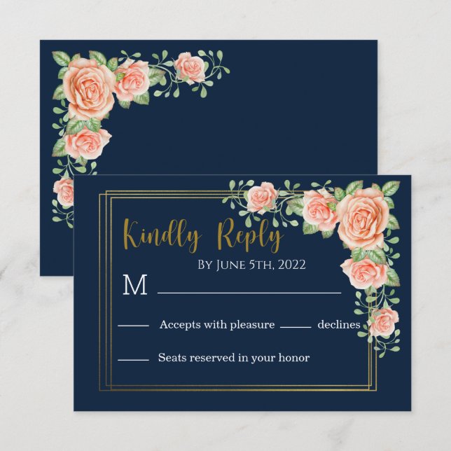Navy Blue Gold Blush Floral Wedding RSVP Card (Front/Back)