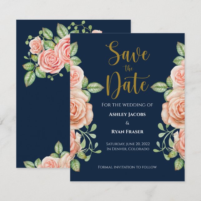 Navy Blue Gold Blush Floral Wedding Save the Date (Front/Back)