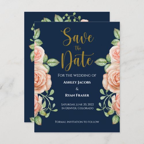 Navy Blue Gold Blush Floral Wedding Save the Date