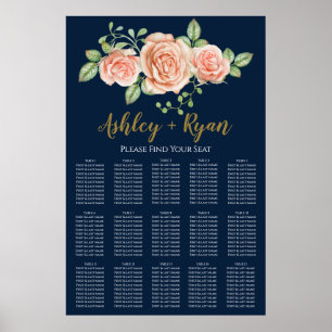 Navy Blue Gold Blush Floral Wedding Seating Charts
