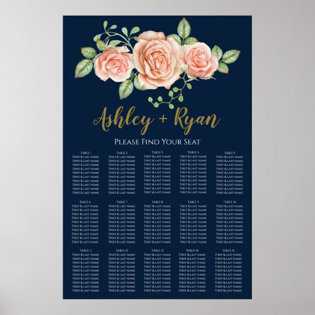Navy Blue Gold Blush Floral Wedding Seating Charts (Front)