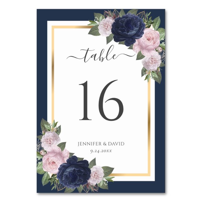 Navy Blue Gold Blush Floral Wedding Table Number (Back)