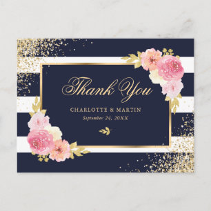 Navy Blue Gold Blush Floral Wedding Thank You Postcard
