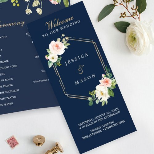 Navy Blue Gold Blush Folded Wedding Program Photo Flyer