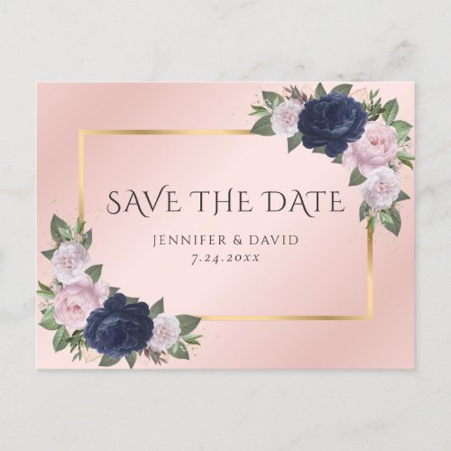 Navy Blue Gold Blush Pink Floral Save The Date Announcement Postcard