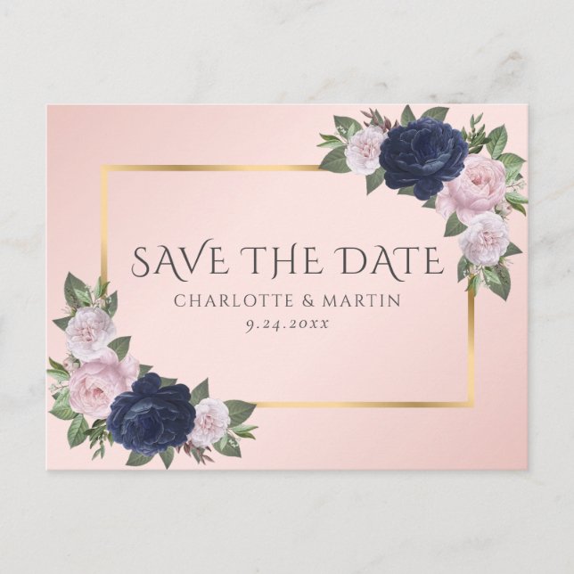 Navy Blue Gold Blush Pink Floral Save The Date Announcement Postcard (Front)