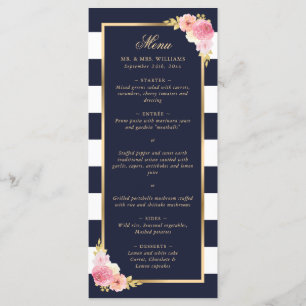 Navy Blue Gold Blush Pink Floral Wedding Menu