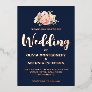 Navy Blue & Gold Blush Pink Peony Wedding Foil Invitation