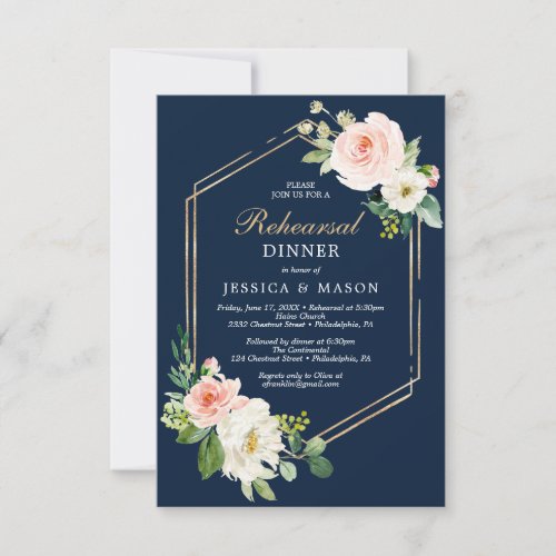 Navy Blue Gold Blush Rehearsal Dinner Invite Card