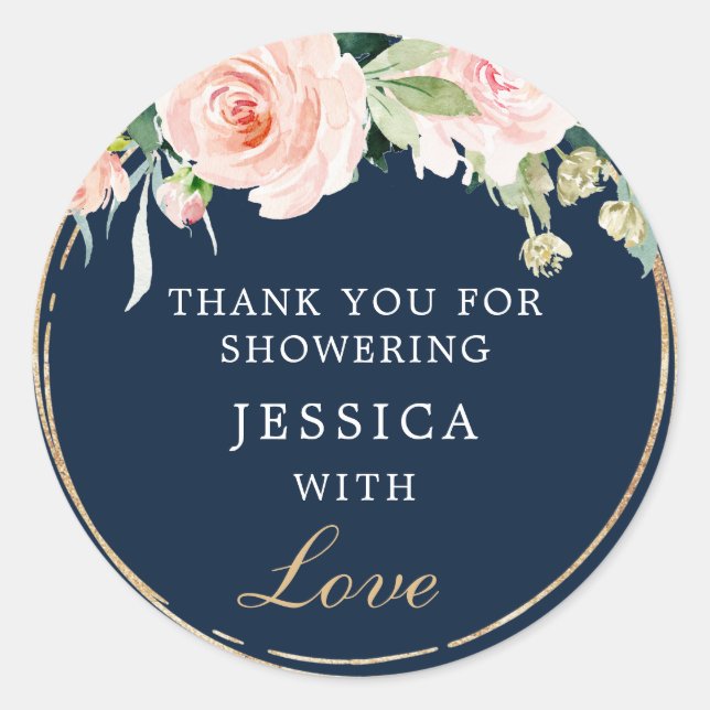 Navy Blue Gold Blush Shower Favor Sticker (Front)