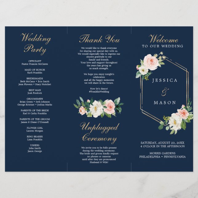 Navy Blue Gold Blush Tri-Fold Wedding Program Flyer (Front)