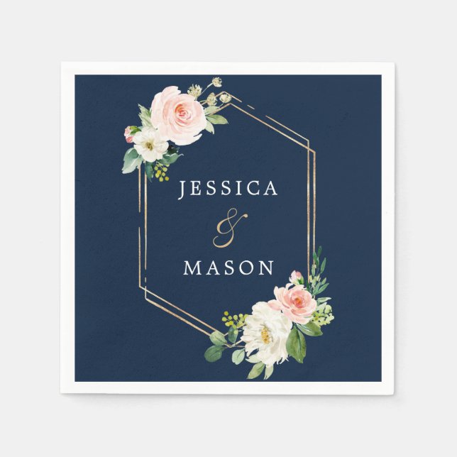 Navy Blue Gold Blush Wedding Cocktail Napkin (Front)