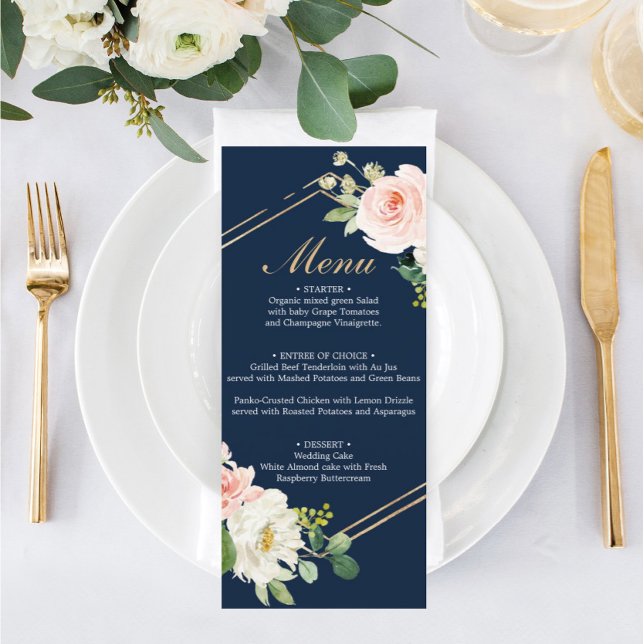 Navy Blue Gold Blush Wedding Menu  (Creator Uploaded)