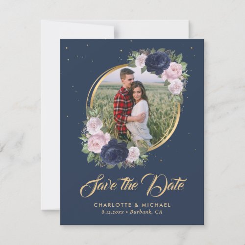 Navy Blue Gold Blush Wedding Photo Save The Date Announcement
