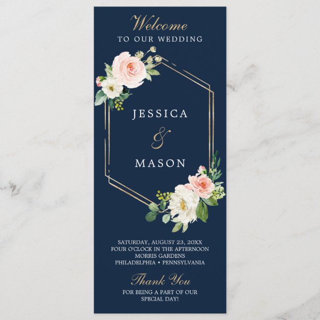 Navy Blue Gold Blush Wedding Program (Front)