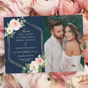 Navy Blue Gold Blush Wedding Save The Date Card