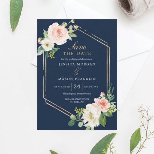 Navy Blue Gold Blush Wedding Save The Date Card