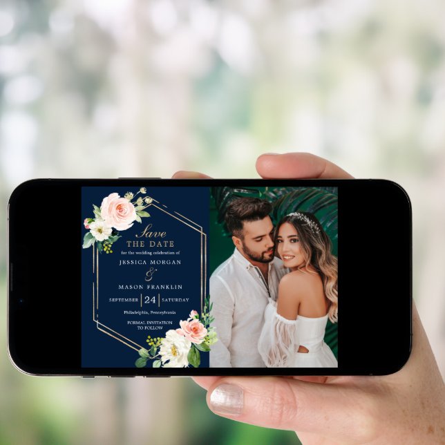 Navy Blue Gold Blush Wedding Save The Date Card (Front Digital)