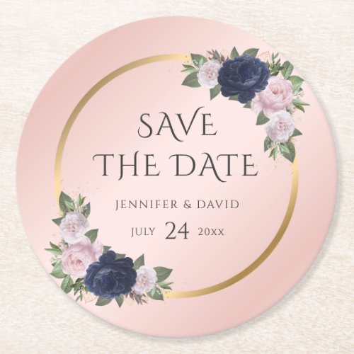 Navy Blue Gold Blush Wedding Save The Date Round Paper Coaster