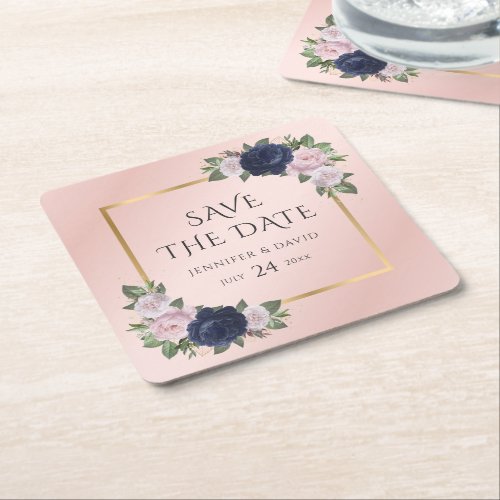 Navy Blue Gold Blush Wedding Save The Date Square Paper Coaster