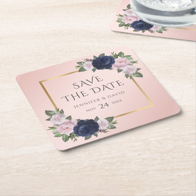 Navy Blue Gold Blush Wedding Save The Date Square Paper Coaster (Angled)