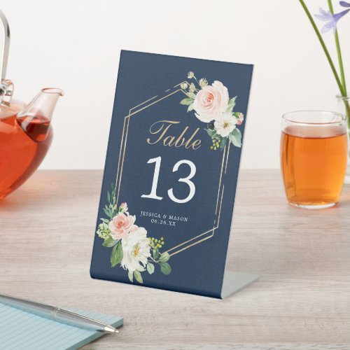 Navy Blue Gold Blush Wedding Table Numbers Pedestal Sign