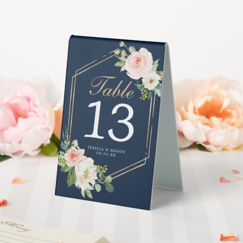 Navy Blue Gold Blush Wedding Table Numbers Table Tent Sign