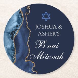 Navy Blue Gold B'nai Mitzvah Elegant Party Round Paper Coaster