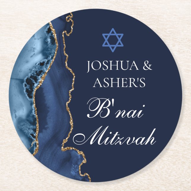 Navy Blue Gold B'nai Mitzvah Elegant Party Round Paper Coaster (Front)