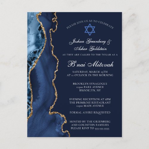 Navy Blue Gold B'nai Mitzvah Party Invitation