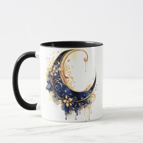 Navy Blue  Gold Bohemian Crescent Moon Halloween Mug