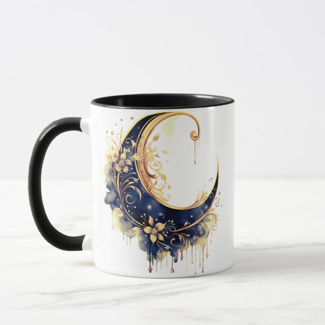 Navy Blue & Gold Bohemian Crescent Moon Halloween Mug (Left)