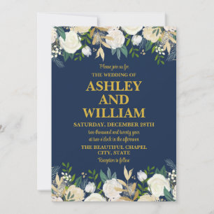Navy Blue Gold Boho Bohemian Chic Greenery Wedding Invitation