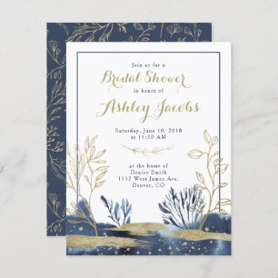 Navy Blue Gold Boho Floral Bridal Shower Invitation