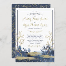 Navy Blue Gold Boho Floral Wedding Invitation