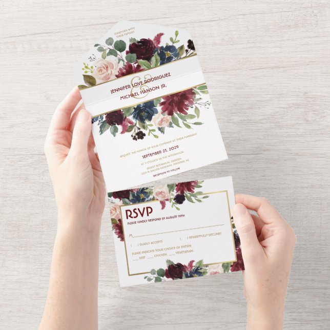 Navy Blue Gold Boho RSVP All in One Wedding Invite (Tearaway)