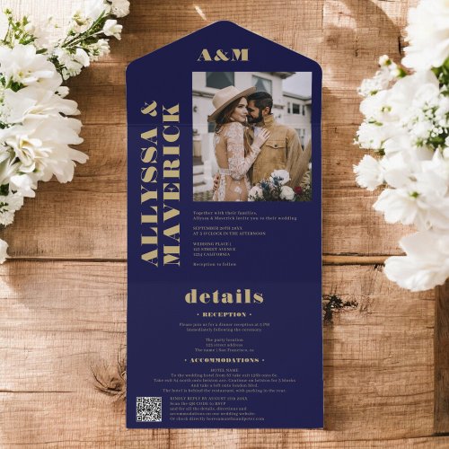 Navy blue gold boho simple monogram photo wedding all in one invitation