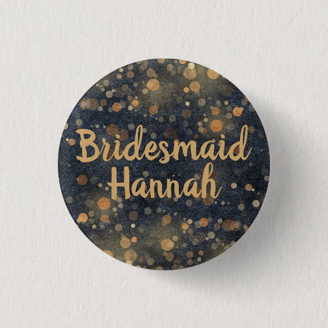 Navy Blue Gold Bokeh Script Bridesmaid Button (Front)