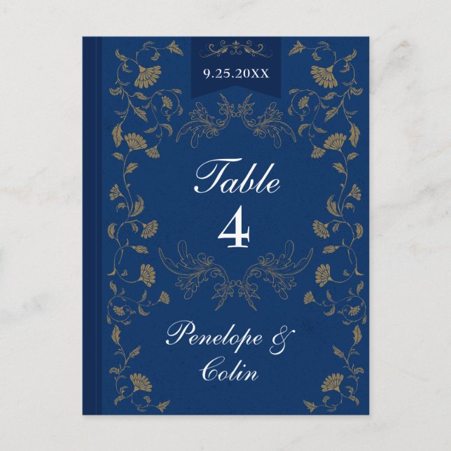 Navy Blue Gold Book Cover Wedding Table Number (Front)