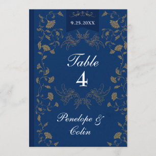 Navy Blue Gold Book Cover Wedding Table Number 