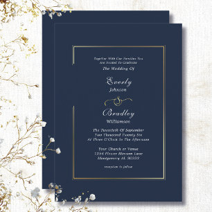 Navy Blue Gold Border Minimal Elegant Wedding Invitation