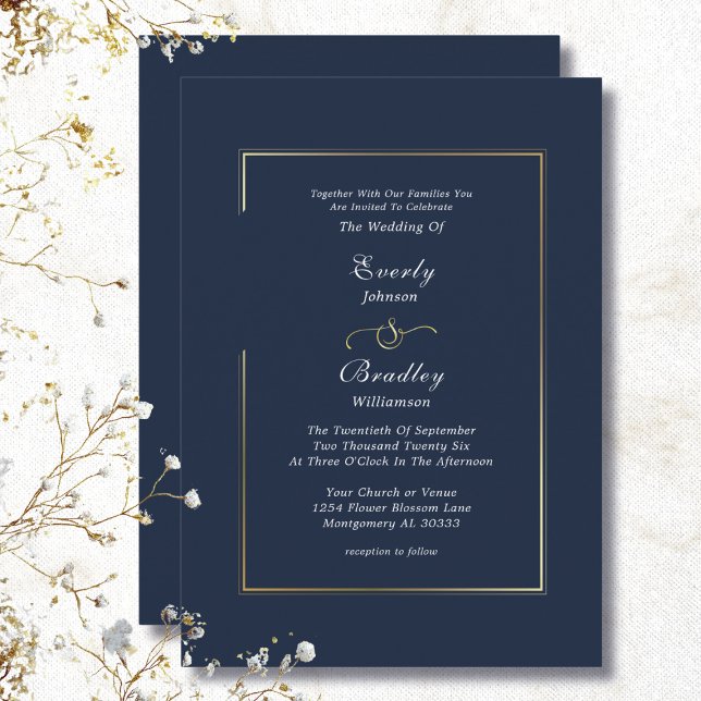 Navy Blue Gold Border Minimal Elegant Wedding Invitation (Creator Uploaded)