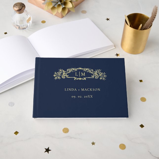 Navy blue & Gold botanical crest monogram wedding Foil Guest Book (Front Open)