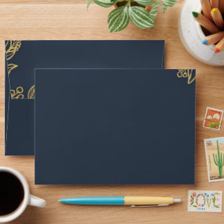 Navy Blue Gold Botanical Custom Wedding Envelopes